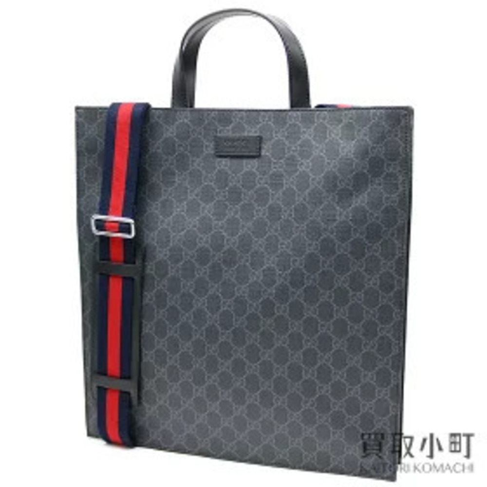 Gucci Soft GG Supreme Canvas Tote Bag Gray Black Leather Shoulder Vertical